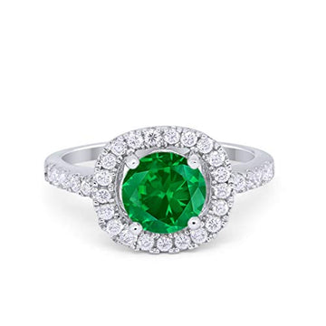 Solitaire Accent Halo Wedding Ring Round Simulated Green Emerald CZ 925 Sterling Silver